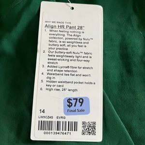 NWT size 14 Lululemon Align HR legging, 28”